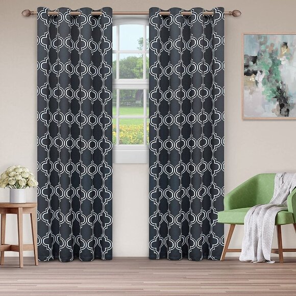 SUPERIOR Bohemian Trellis Grey Navy Blue White Curtain Panels 42 x 108 NEW NIP - Picture 1 of 8